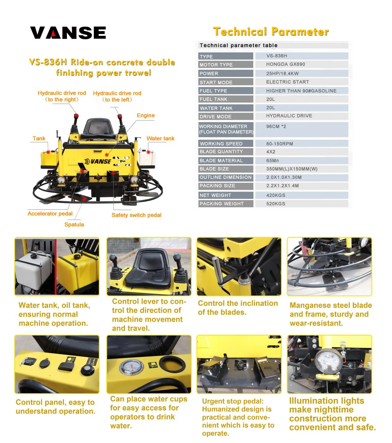 What are the advantages of concrete trowels? Please example 1 VS-836H Technical parameter table -
