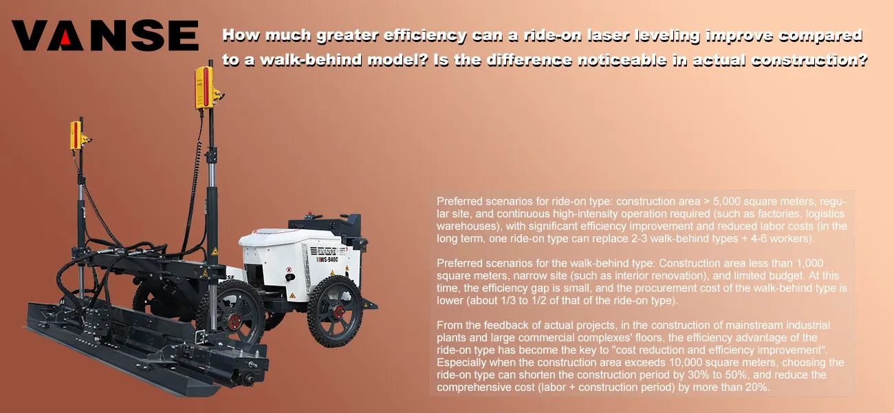 How much greater efficiency can a ride-on laser leveling improve compared to a walk-behind model? Is the difference noticeable in actual construction? 1 How much greater efficiency can a ride-on laser leveling improve compared to a walk-behind model Is the difference noticeable in actual construction