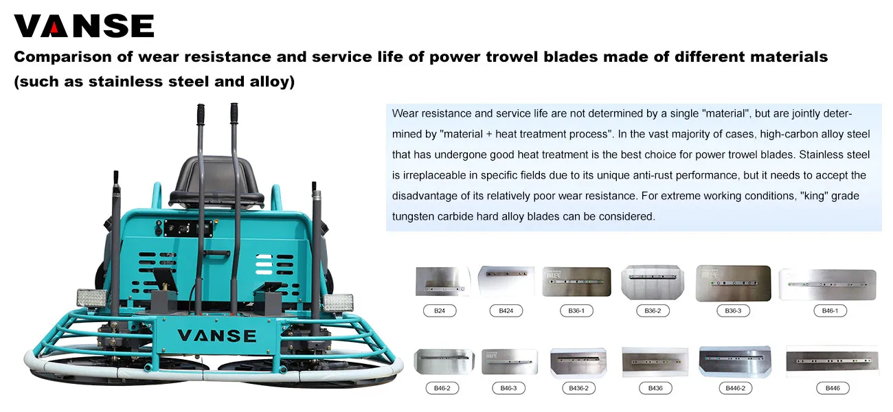 Comparison of wear resistance and service life of power trowel blades made of different materials (such as stainless steel and alloy) 1 Comparison of wear resistance and service life of power trowel blades made of different materials (such as stainless steel and alloy)