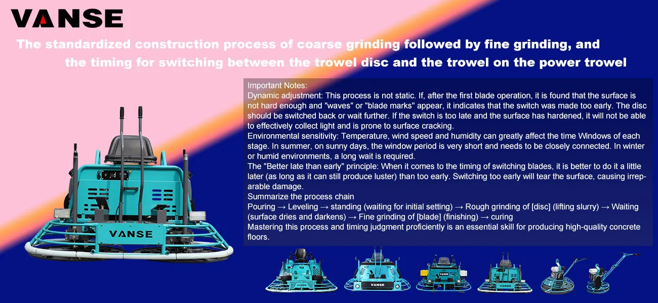 The standardized construction process of coarse grinding followed by fine grinding, and the timing for switching between the trowel disc and the trowel on the power trowel. 1 The standardized construction process of coarse grinding followed by fine grinding, and the timing for switching between the trowel disc and the trowel on the power trowel.