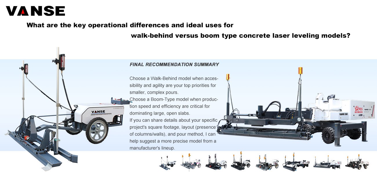 What are the key operational differences and ideal uses for walk-behind versus boom type concrete laser leveling models? 1 What are the key operational differences and ideal uses for walk-behind versus boom type concrete laser leveling models
