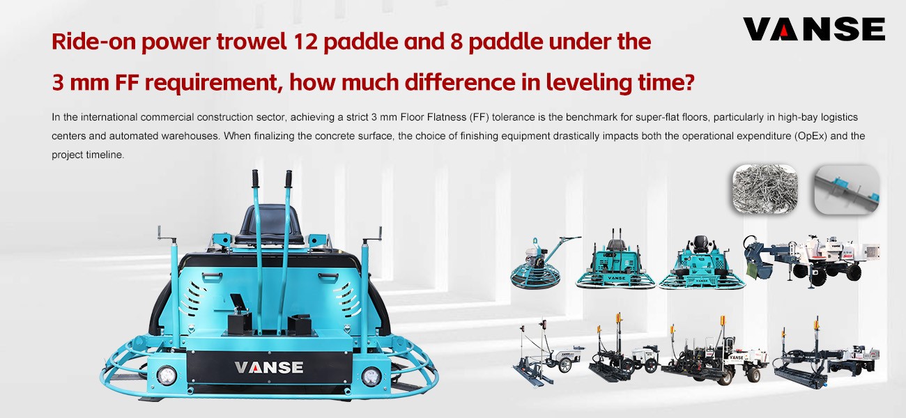 Ride-on power trowel 12 paddle and 8 paddle under the 3 mm FF requirement, how much difference in leveling time? 1 Ride-on power trowel 12 paddle and 8 paddle under the 3 mm FF requirement, how much difference in leveling time?