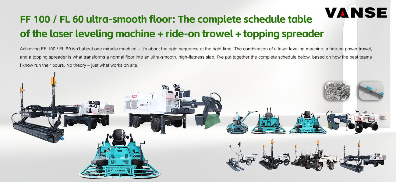 FF 100 / FL 60 ultra-smooth floor: The complete schedule table of the laser leveling machine + ride-on trowel + topping spreader 1 FF 100 FL 60 ultra-smooth floor The complete schedule table of the laser leveling machine ride-on trowel topping spreader 2